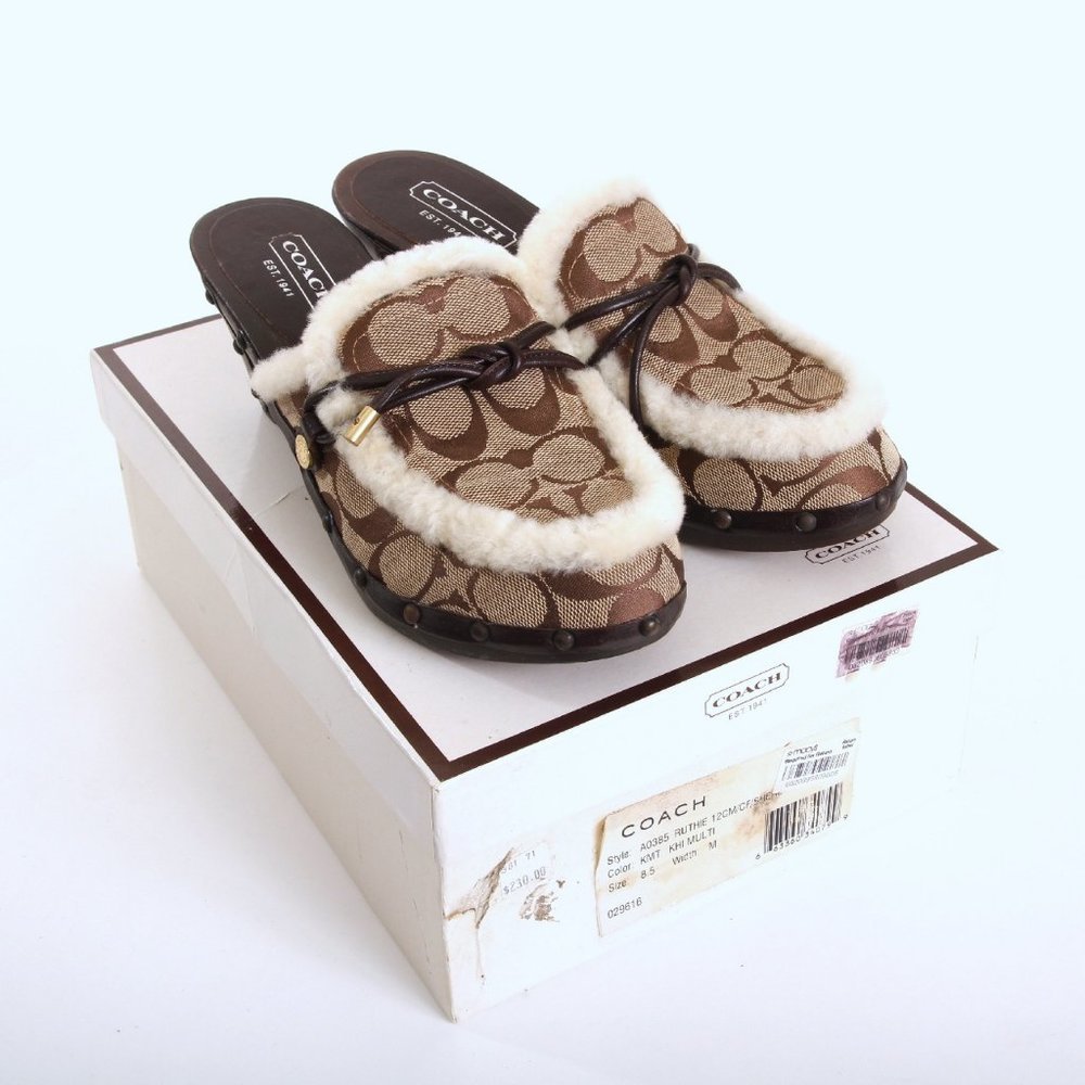 Coach Signature Pattern Mules with Fur Trim